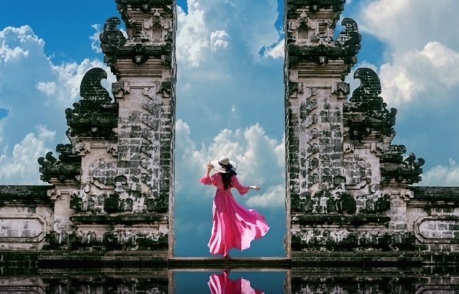 The Gate of Heaven split gates framing Mount Agung at Lempuyang temple, East Bali